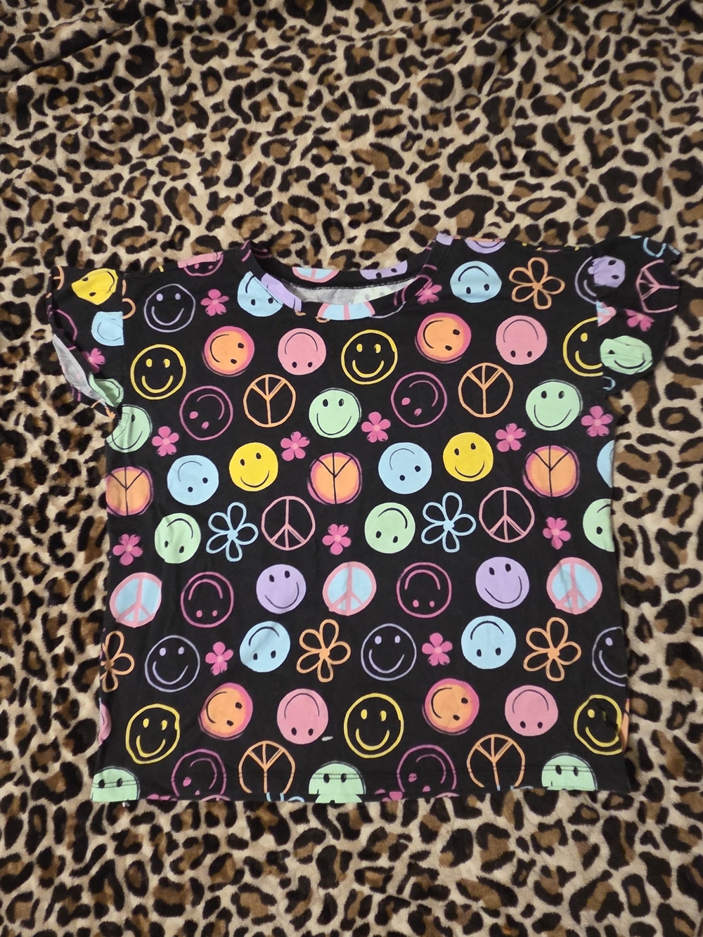 Black Tee with Multicolor Smile, Peace & Flower Prints